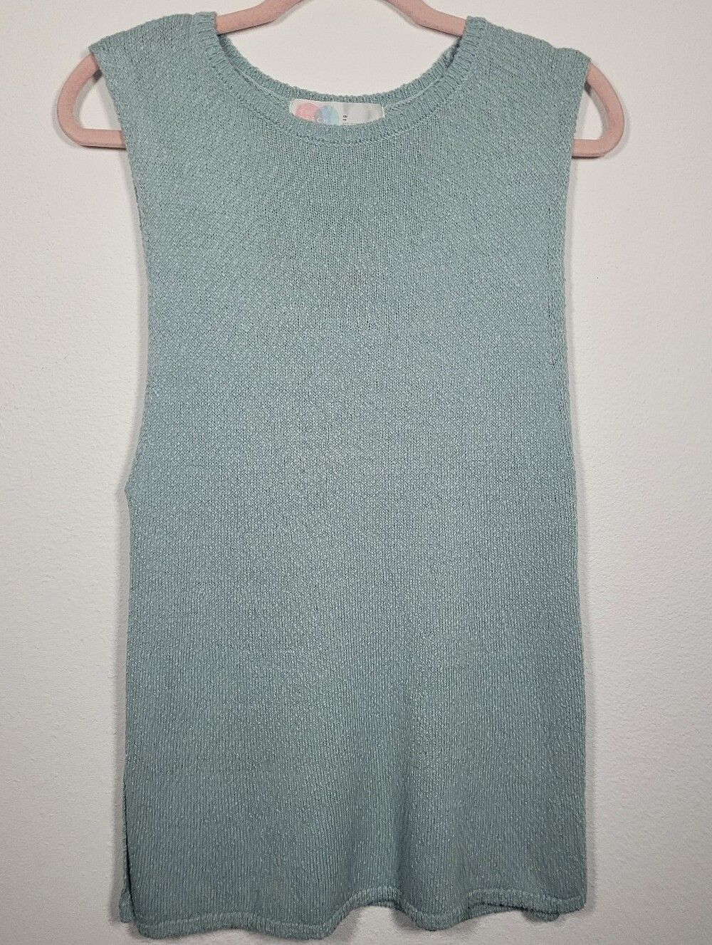 Free People Beach XS Blue Seafoam Knit Sleeveless Tunic Top Side Slit Resortwear
